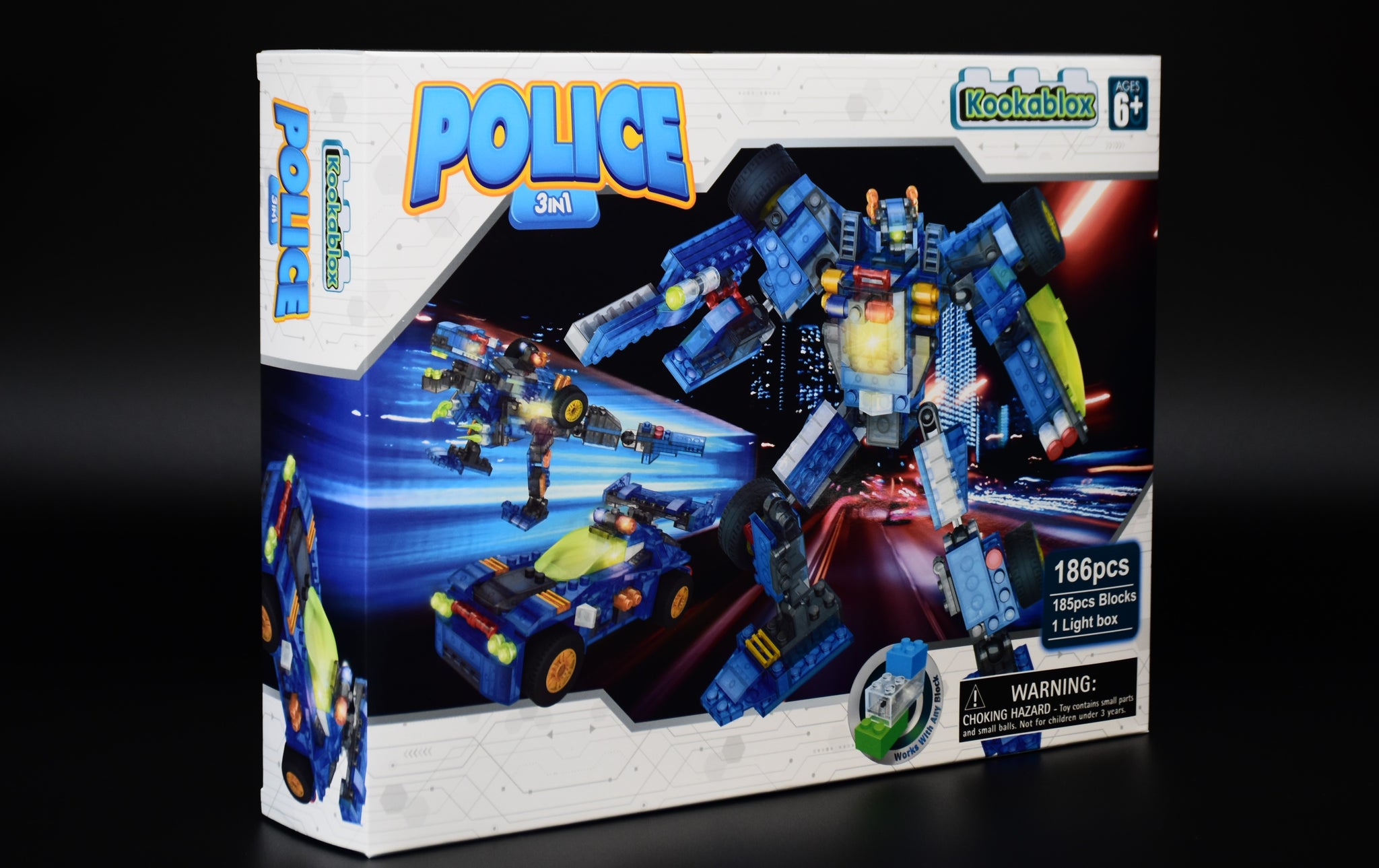 3-in-1 Police Robot Building Block Kit with Cool LED Light Boxes. Transformable Robot, Car, & Dinosaur. (Compatible with other bricks, 186 pieces)