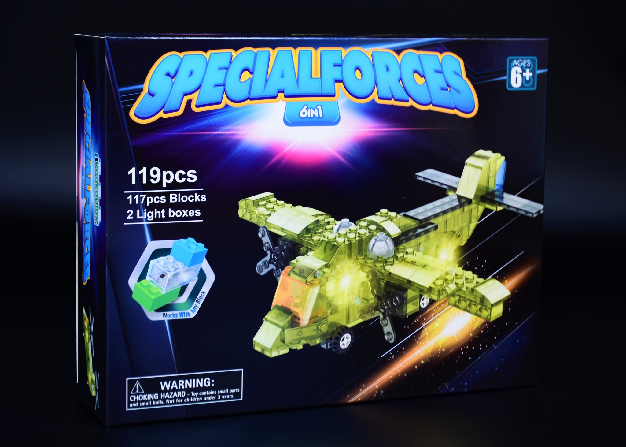 6-in-1 Helicopter Building Block Kit with LED Light Boxes. 6 Helicopter and Airplane Toys in 1. (119 Pieces)