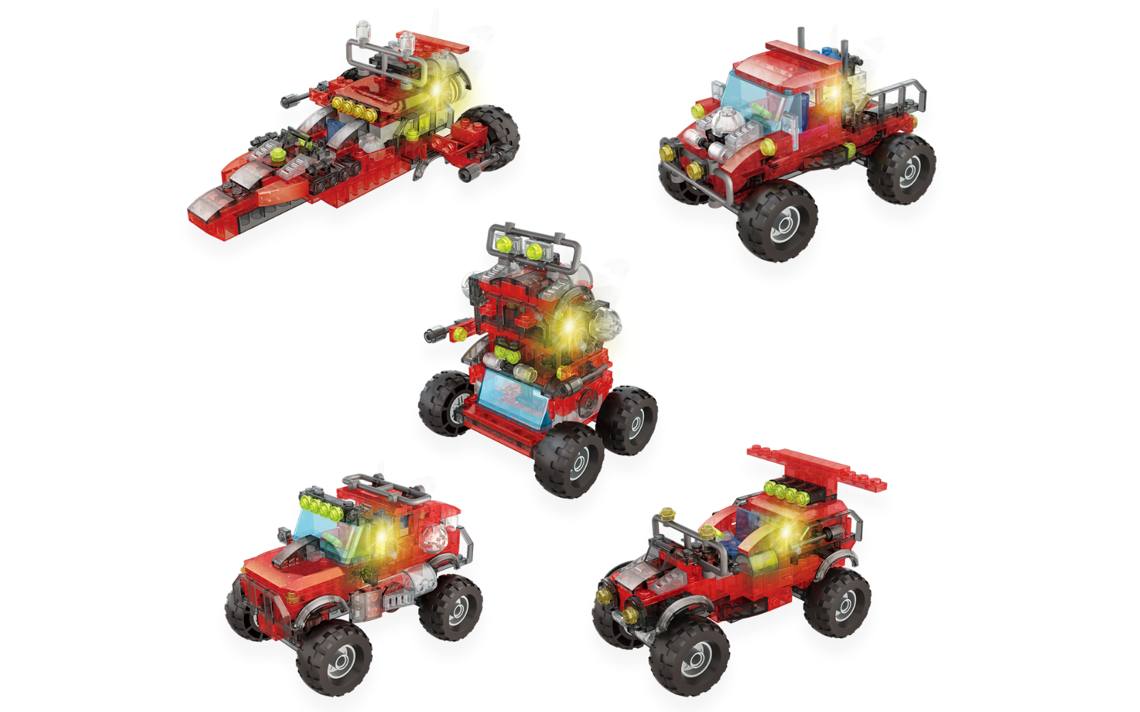 6-in-1 Monster Truck Building Block Kit with LED Light Box. Transform Into 6 Toys (318 Pieces)