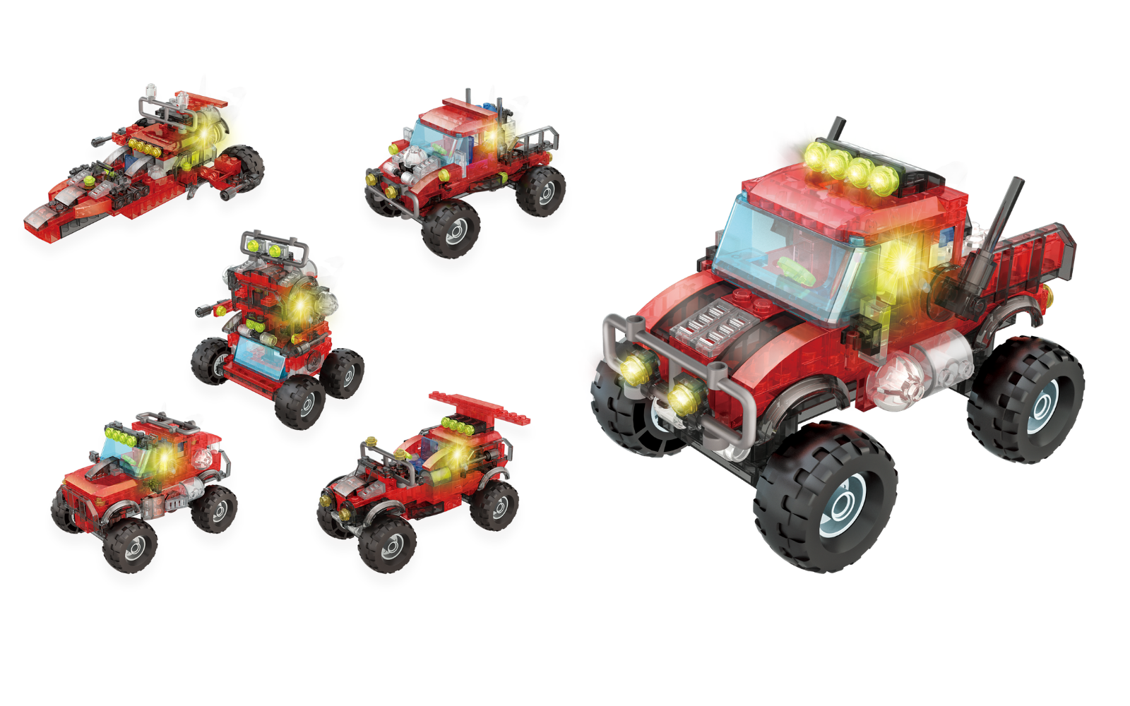 6-in-1 Monster Truck Building Block Kit with LED Light Box. Transform Into 6 Toys (318 Pieces)