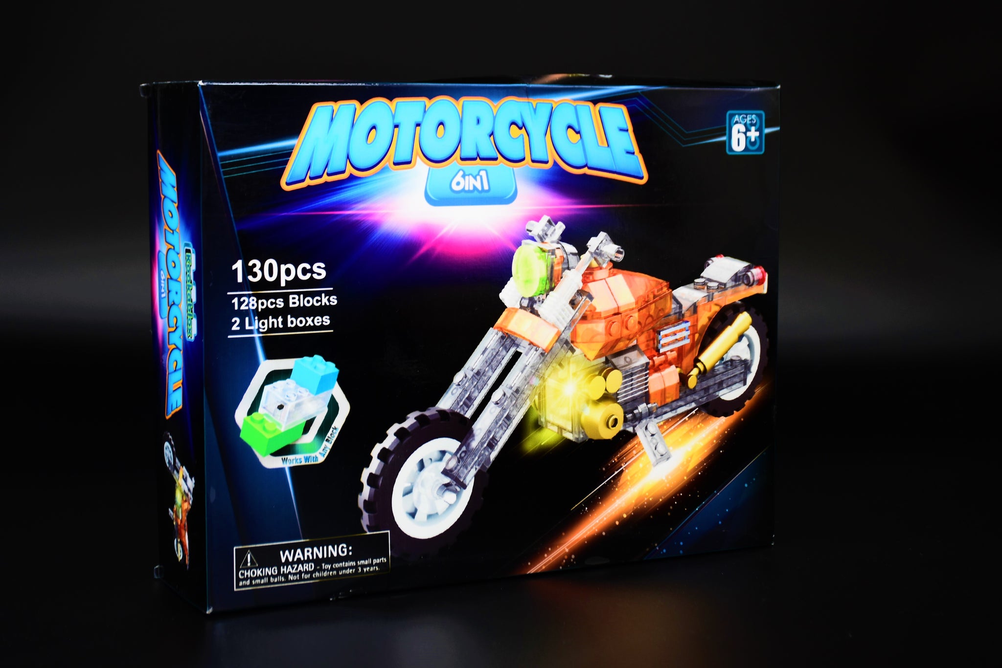 6 in 1 Motorcycle Building Block Kit with LED Lightbox | Transforms Into 6 Fun Toys. (Compatible with other bricks, 130 Pieces)